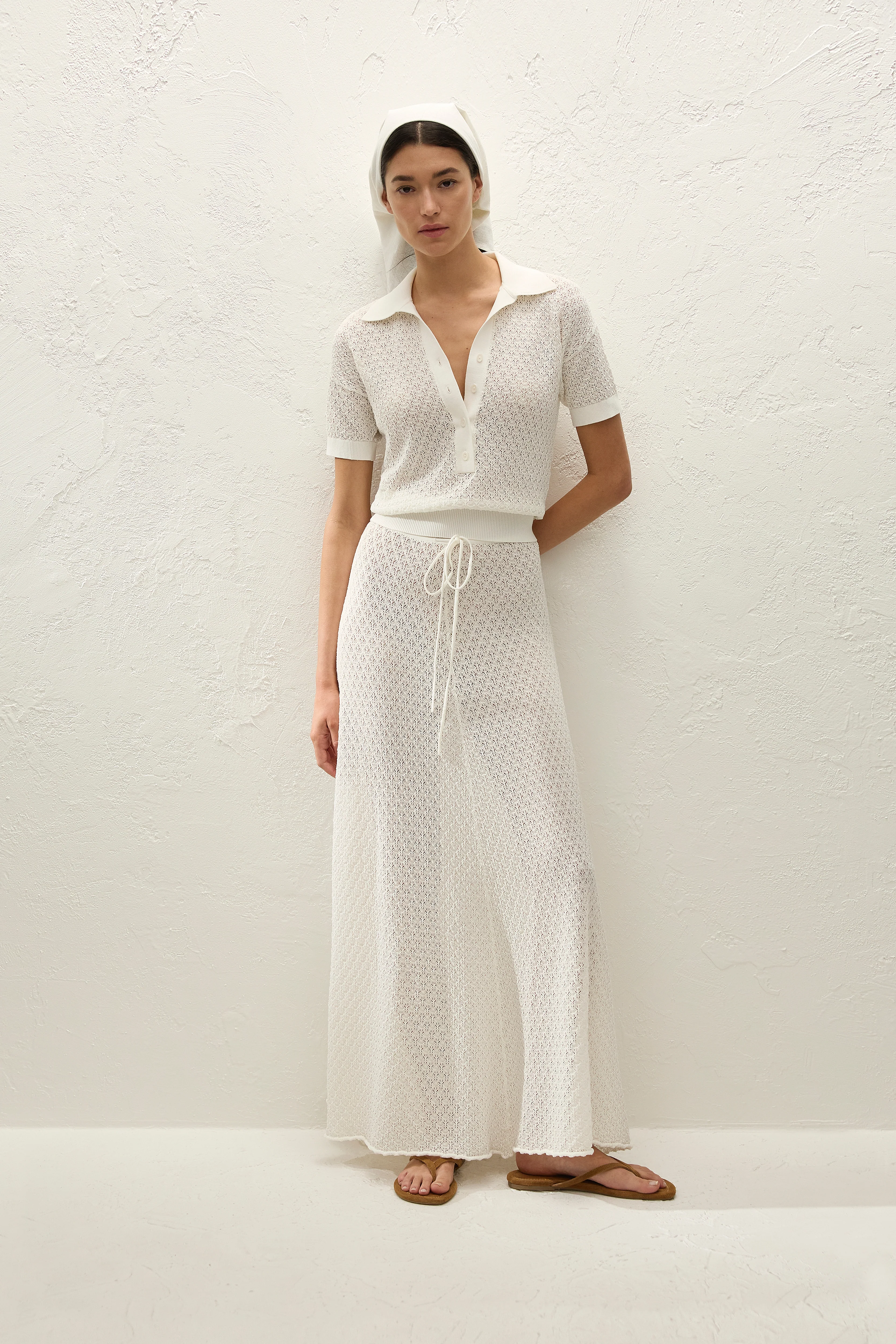 Lenna Polo Top Pointelle Lace Vintage White - Image 3