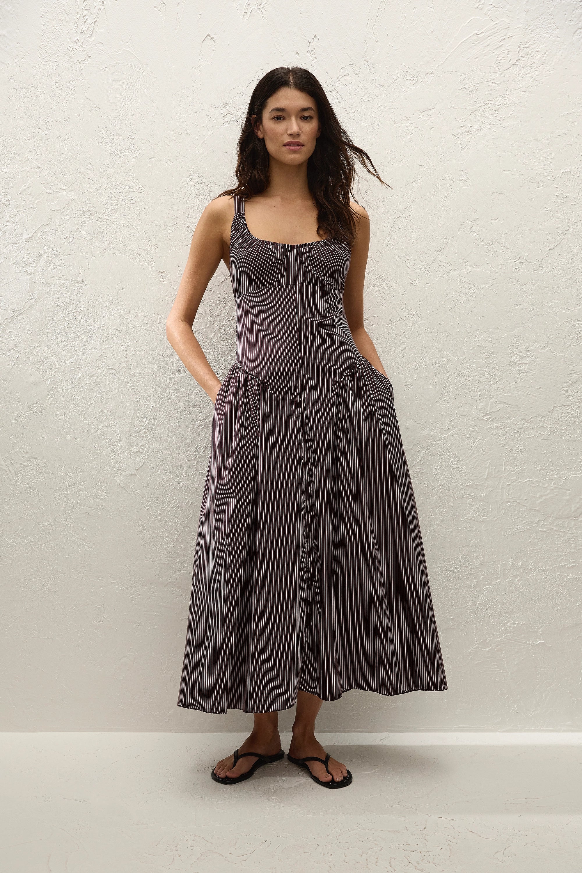 Olas Midi Dress Rocio Pinstripe Chocolate Plum