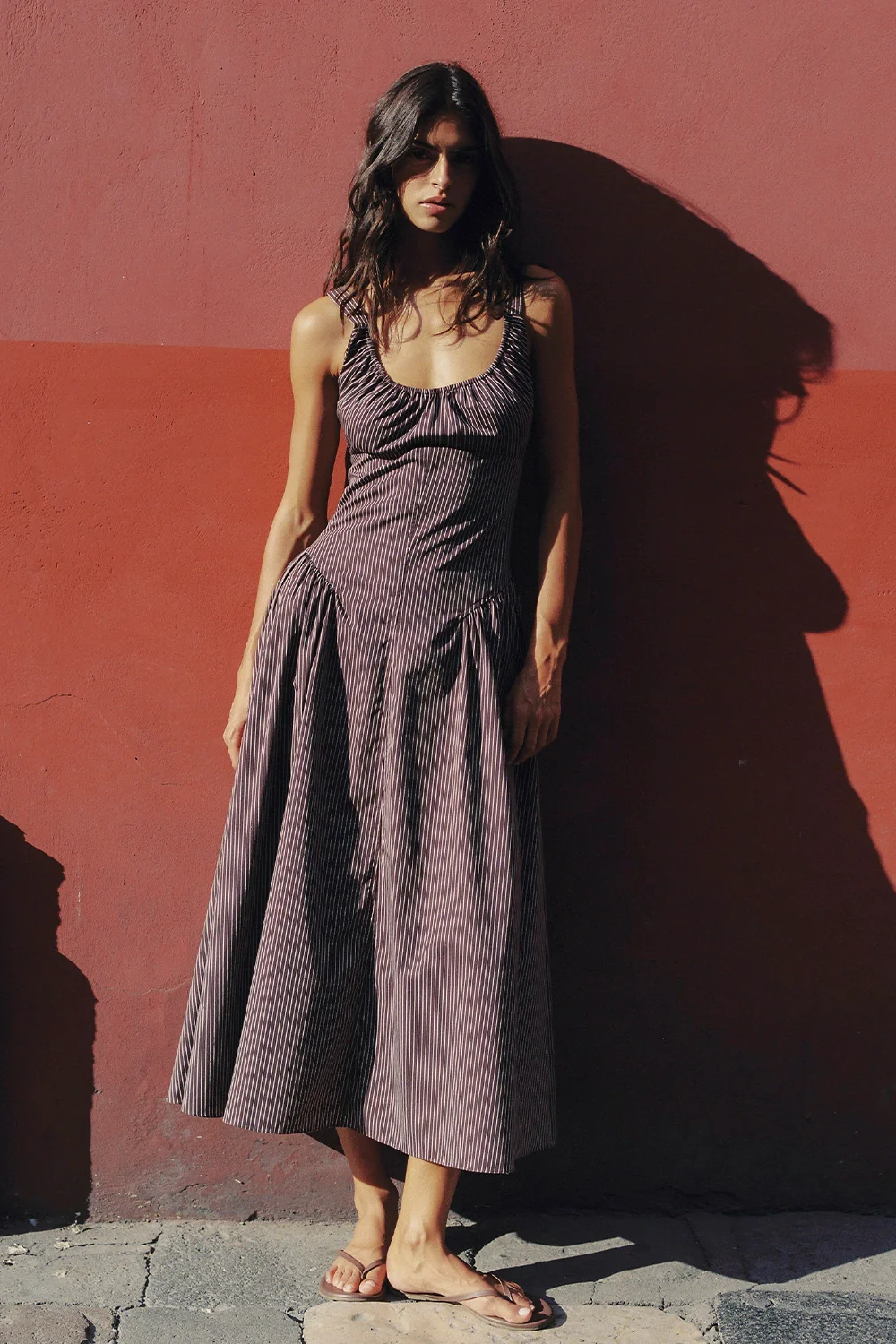 Olas Midi Dress Rocio Pinstripe Chocolate Plum - Image 2