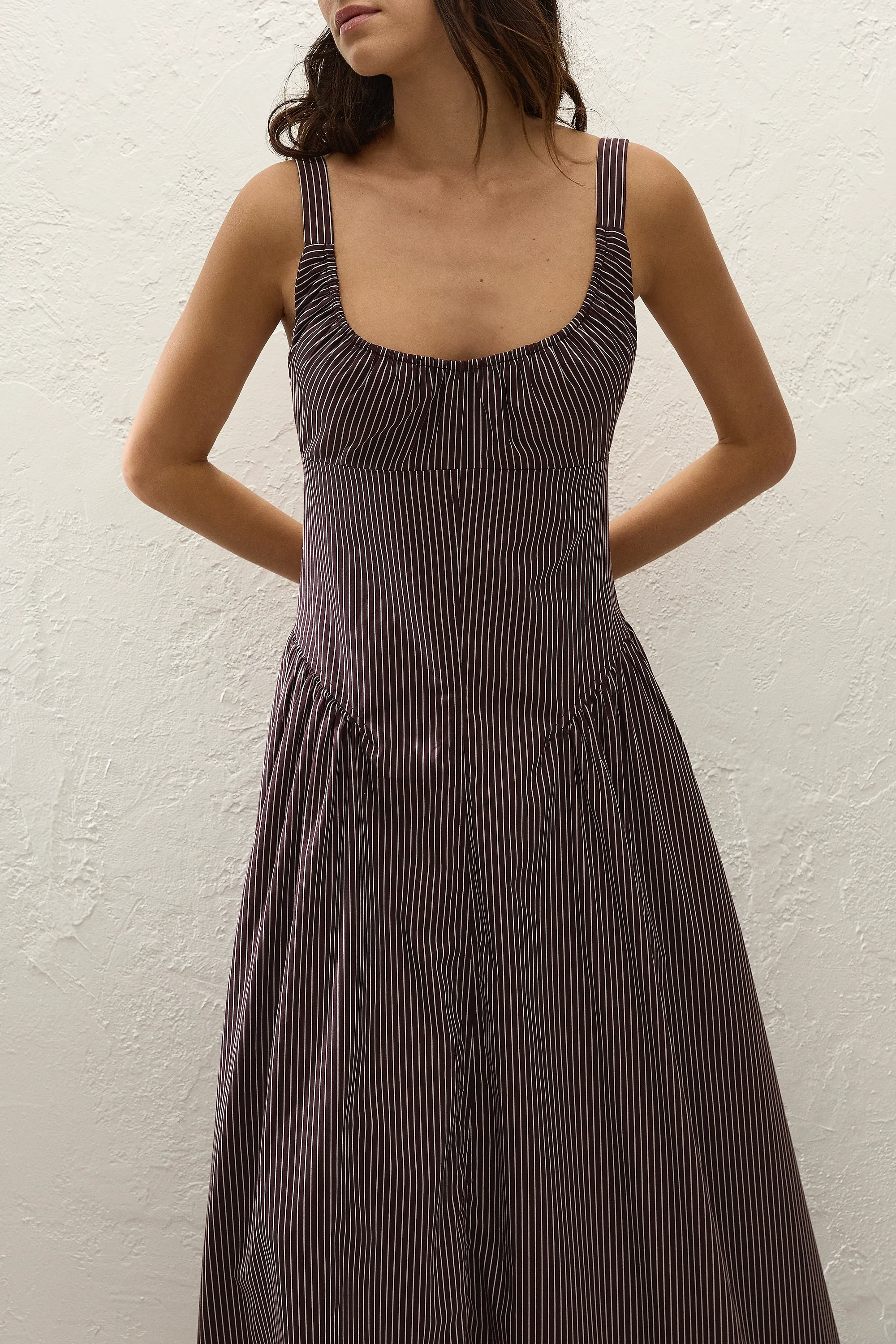 Olas Midi Dress Rocio Pinstripe Chocolate Plum - Image 3